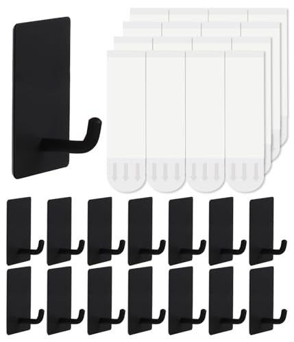 Hoousuper 14 Pcs Towel Hooks with Removable Strips for Hanging Adhesive Wall Heavy Duty Outdoor No Damage Sticky Hook for Bathrooms Shower Stockings Decor Robe Small Black 304 Stainless Steel - Image 1