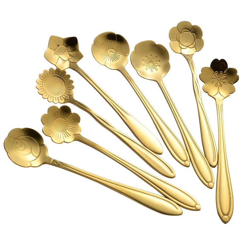 AnSaw 8 Piece Flower Scoop Set Stainless Steel Reusable Tea Scoops Cake Spoon Set for Tea Parties 49 Inch Gold