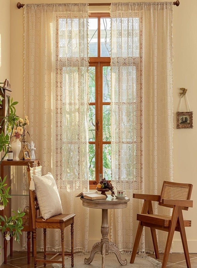 YJ YANJUN Boho Sheer Curtains 108 inches Long Antique Farmhouse Extra Long Floor to Ceiling Curtains Lace Voile Curtain for Patio Sliding Door Living Room Privacy 9ft 59" W x 108" L (Pack of 2) - Image 1