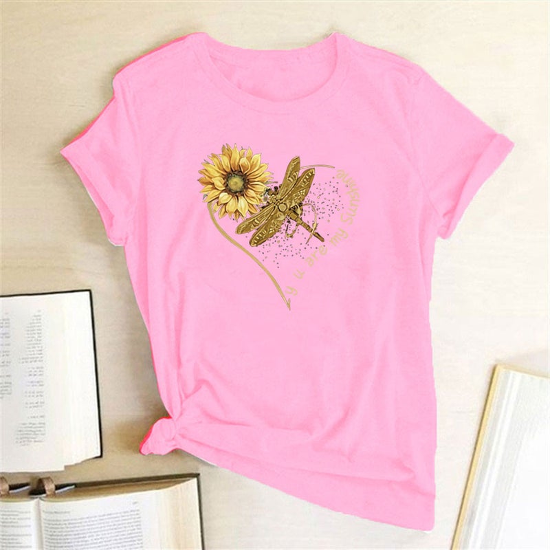 wish stand-alone Dragonfly sunflower print short sleeve t-shirt - Image 1