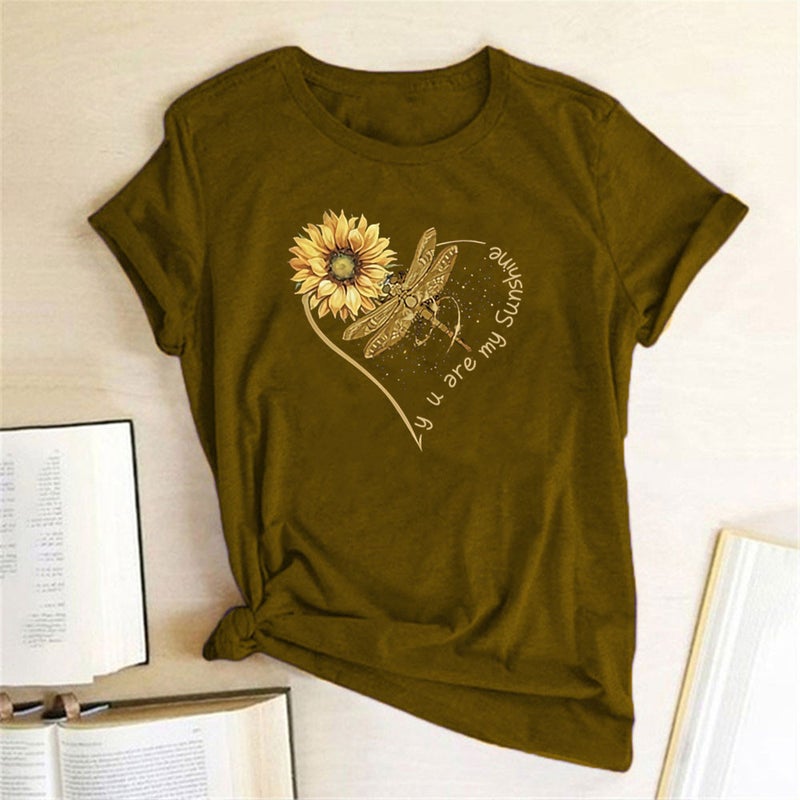 wish stand-alone Dragonfly sunflower print short sleeve t-shirt - Image 3