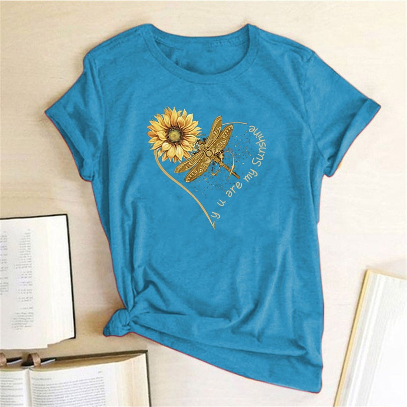 wish stand-alone Dragonfly sunflower print short sleeve t-shirt - Image 4