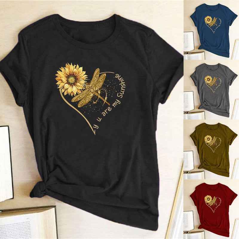 wish stand-alone Dragonfly sunflower print short sleeve t-shirt - Image 2