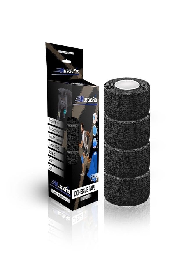 MuscleFix Breathable Self Adhesive Wrap, Athletic, Non Woven Cohesive Bandage - for Sports, First Aid Medical, Wrist, Swelling (2.5 cm, 4.5 mtr) Pack of 4 (Black) - Image 1