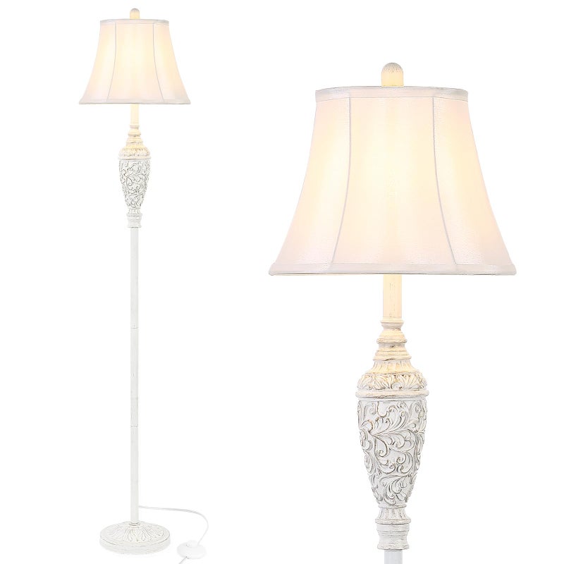 Sheetea 65â€™â€™ Vintage Floor Lamp for Living Room, Traditional White Standing Lamp with Carved Resin Base and Foot Switch, Classic Farmhouse Tall Pole Lamp, Bedroom, Office - Image 1