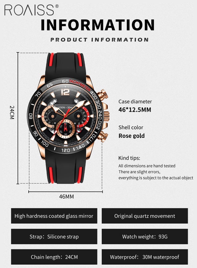 roaiss Men's Silicone Strap Chronograph Quartz Watch Round Black Dial with Chronograph Subdials Waterproof Luminous Wristwatch as Gift for Men - Image 4