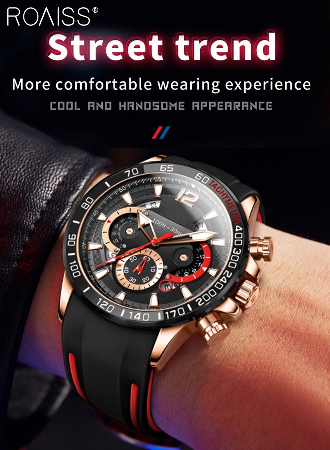 roaiss Men's Silicone Strap Chronograph Quartz Watch Round Black Dial with Chronograph Subdials Waterproof Luminous Wristwatch as Gift for Men - Image 2