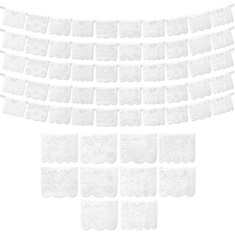 White Papel Picado Banner 5 Pack  10 Plastic Flags per Banner  White Mexican Banners for Parties and Weddings  Mexican Themed Party Decorations  Papel Picado Mexicano para Decoraciones