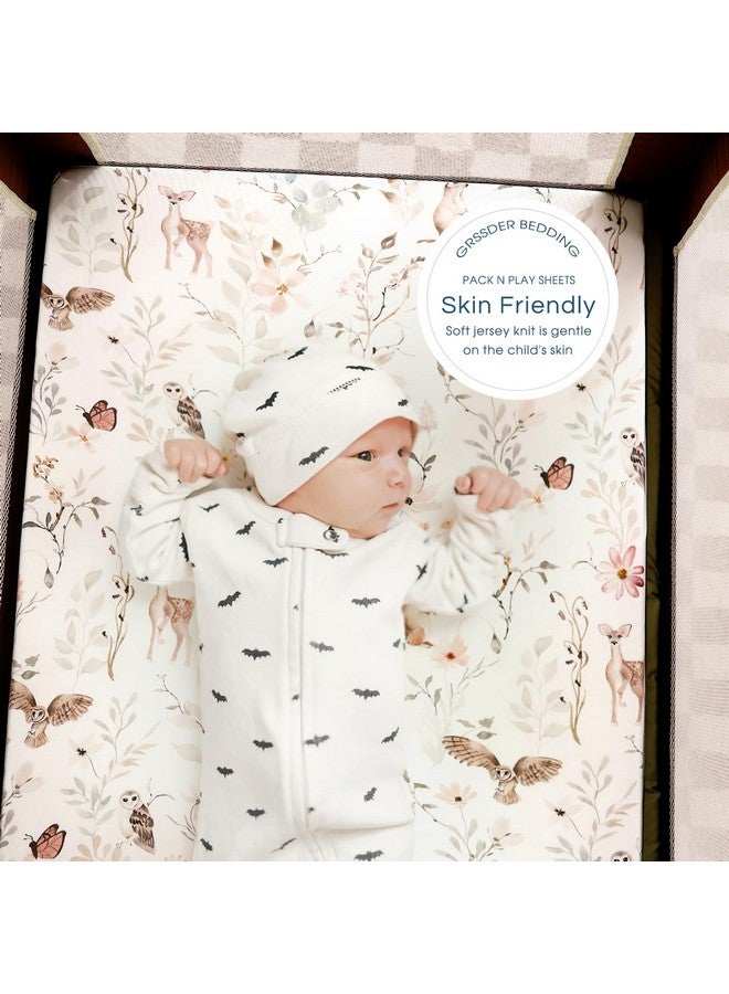 GRSSDER Stretchy Ultra Soft Jersey Knit Fitted Pack n Play Sheets 3 Pack, Portable/Mini Crib Sheets for Girls, Universal Fit for Pack N Plays Safe and Snug, Beautiful Blush Pink Floral and Cute Animals Print - Image 2