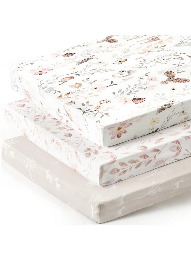 GRSSDER Stretchy Ultra Soft Jersey Knit Fitted Pack n Play Sheets 3 Pack, Portable/Mini Crib Sheets for Girls, Universal Fit for Pack N Plays Safe and Snug, Beautiful Blush Pink Floral and Cute Animals Print - Image 1