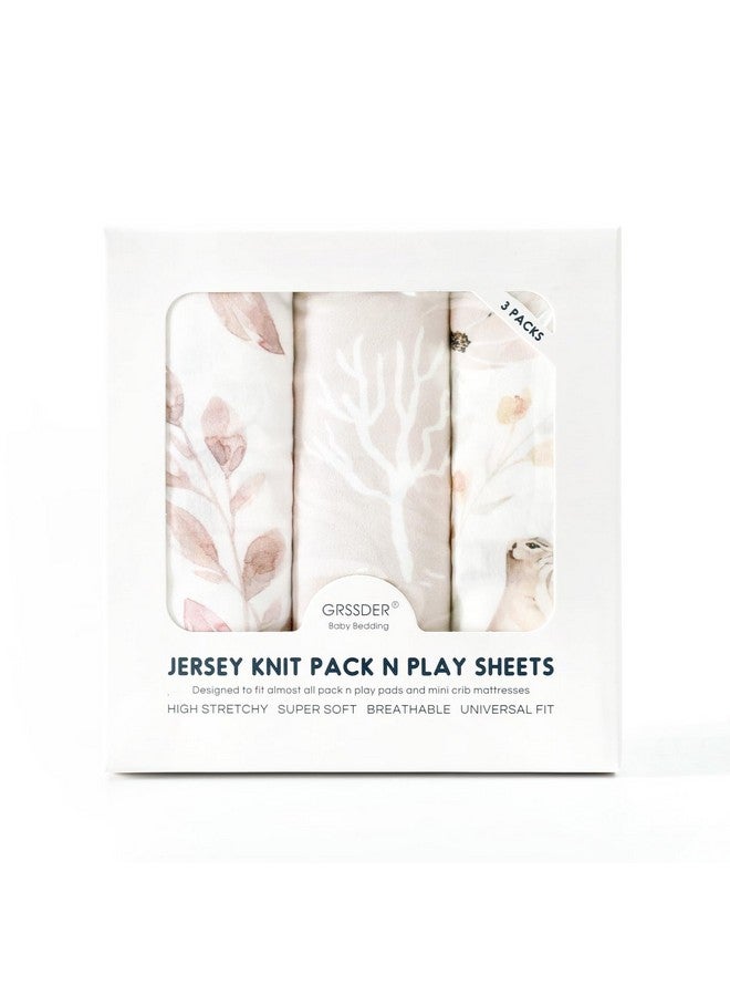 GRSSDER Stretchy Ultra Soft Jersey Knit Fitted Pack n Play Sheets 3 Pack, Portable/Mini Crib Sheets for Girls, Universal Fit for Pack N Plays Safe and Snug, Beautiful Blush Pink Floral and Cute Animals Print - Image 3