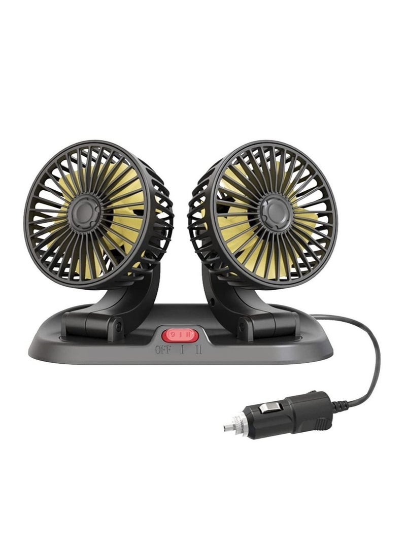 MUNTAQI Dual-Head Car Fan, 360-Degree Rotatable 2-Speed Adjustable Fan Automobile Air Cooler, Supplies for Car/SUV/RV/Truck/Boat (12V, Yellow) - Image 1
