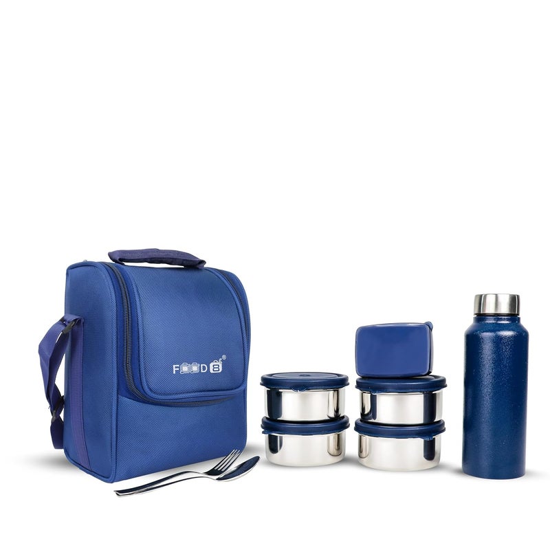 FOOD 8 Food Lunch Box for Office Collage School 4Containers 400 ml 1 Pickle ox with Insulated Fabric Jacket Bag Steel Water Bottle 750Ml Blue  - Image 1