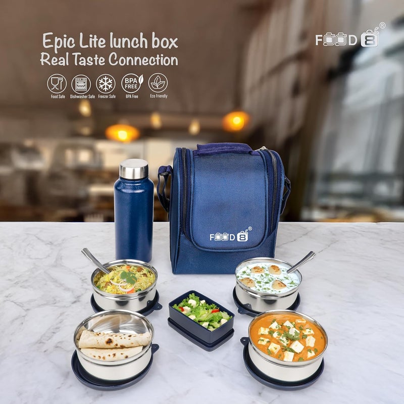 FOOD 8 Food Lunch Box for Office Collage School 4Containers 400 ml 1 Pickle ox with Insulated Fabric Jacket Bag Steel Water Bottle 750Ml Blue  - Image 2