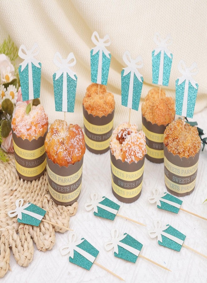 HIKLO Breakfast at Tiffany’s Cupcake Topper - Tiffany Bow Birthday Cupcake Pick, Baby and Co. Baby Shower Cupcake Decor, Bride and Co. Bride Shower Cake Topper, Teal Blue Audrey Hepburn Cake Smash （12 Pcs） - Image 5