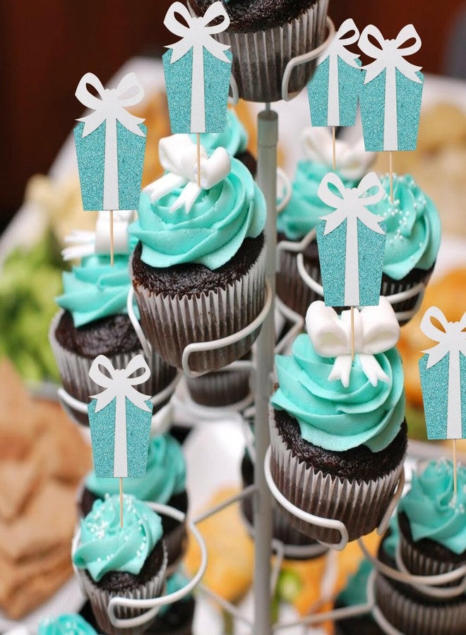 HIKLO Breakfast at Tiffany’s Cupcake Topper - Tiffany Bow Birthday Cupcake Pick, Baby and Co. Baby Shower Cupcake Decor, Bride and Co. Bride Shower Cake Topper, Teal Blue Audrey Hepburn Cake Smash （12 Pcs） - Image 3