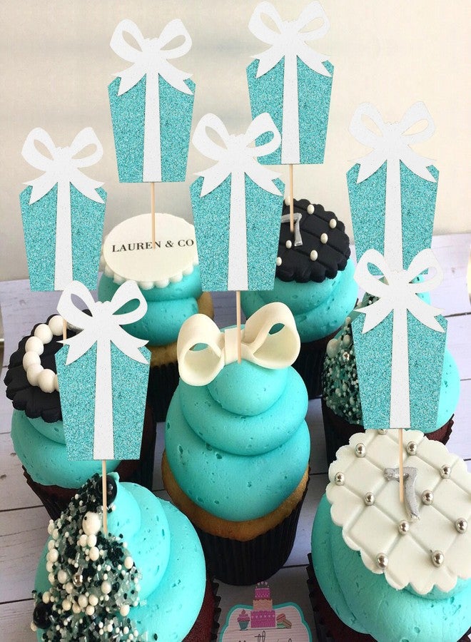 HIKLO Breakfast at Tiffany’s Cupcake Topper - Tiffany Bow Birthday Cupcake Pick, Baby and Co. Baby Shower Cupcake Decor, Bride and Co. Bride Shower Cake Topper, Teal Blue Audrey Hepburn Cake Smash （12 Pcs） - Image 1