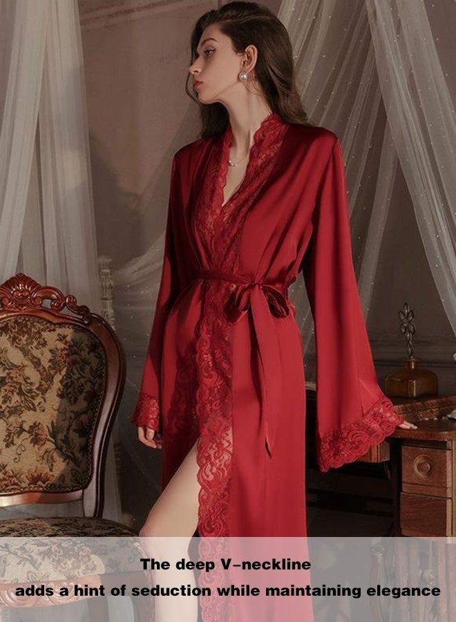 Sweet Life Women Sexy Satin Lace Robe, Long Sleeve Silk Bathrobe with Belt Soft Lightweight Full Length Sleepwear - Image 5