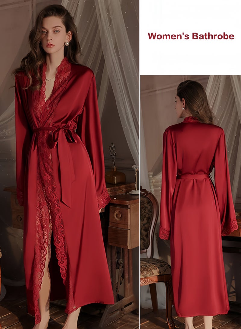 Sweet Life Women Sexy Satin Lace Robe, Long Sleeve Silk Bathrobe with Belt Soft Lightweight Full Length Sleepwear - Image 1