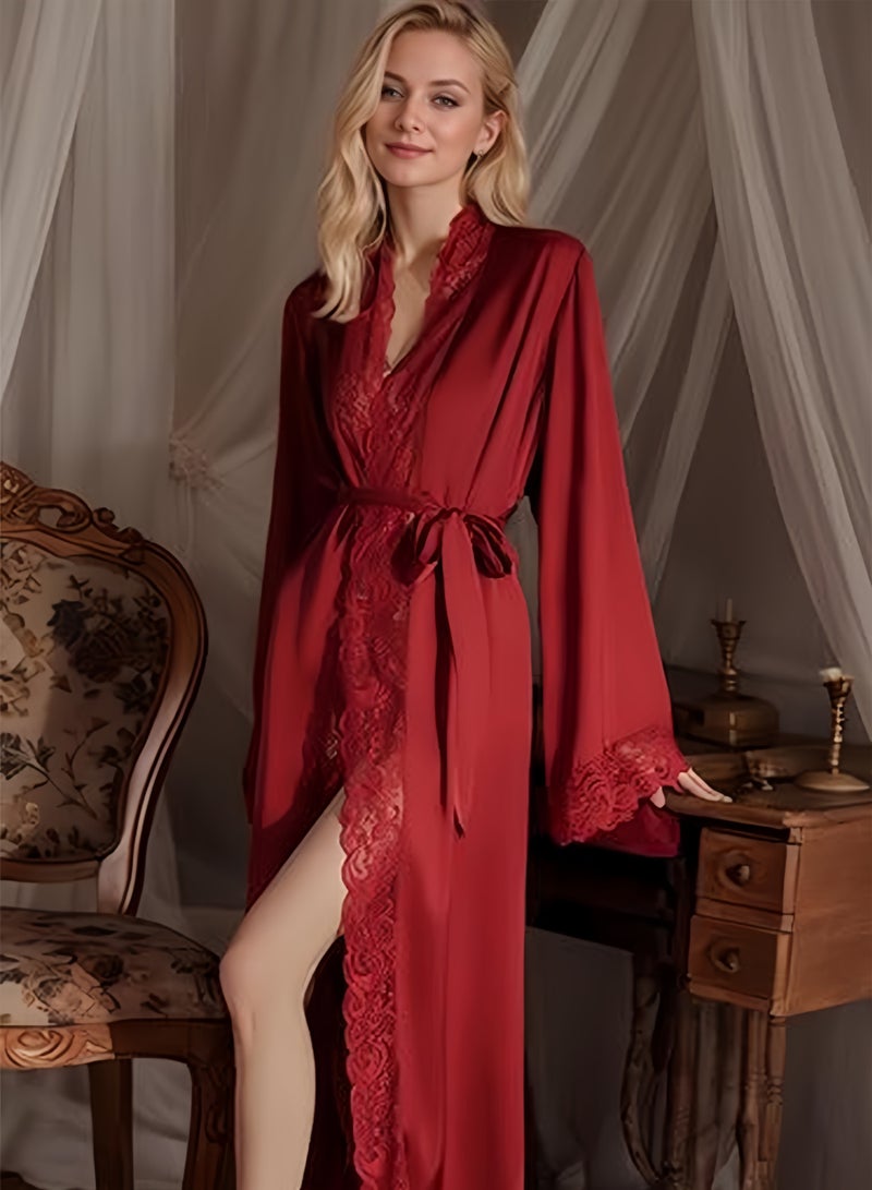 Sweet Life Women Sexy Satin Lace Robe, Long Sleeve Silk Bathrobe with Belt Soft Lightweight Full Length Sleepwear - Image 3