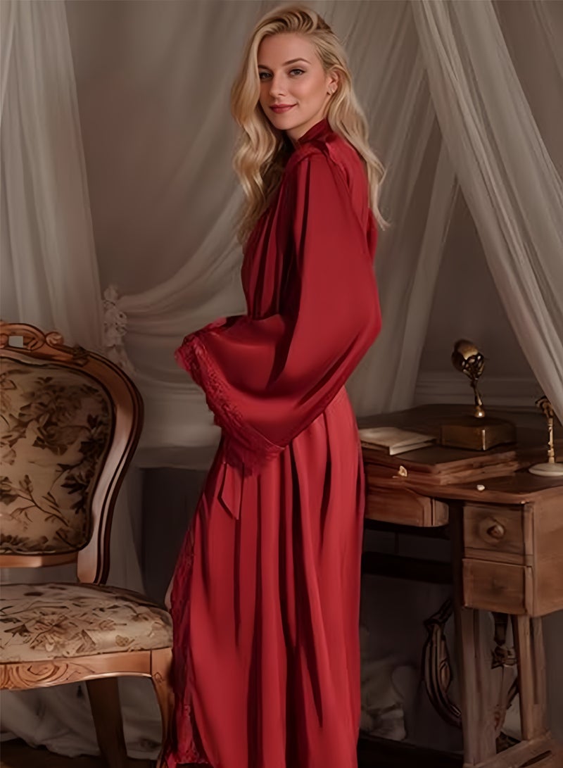 Sweet Life Women Sexy Satin Lace Robe, Long Sleeve Silk Bathrobe with Belt Soft Lightweight Full Length Sleepwear - Image 4