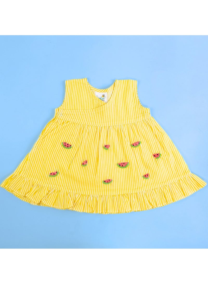 Keebee Organic Cotton Watermelon Embroidered Yellow Striped Girls Dress - Image 1
