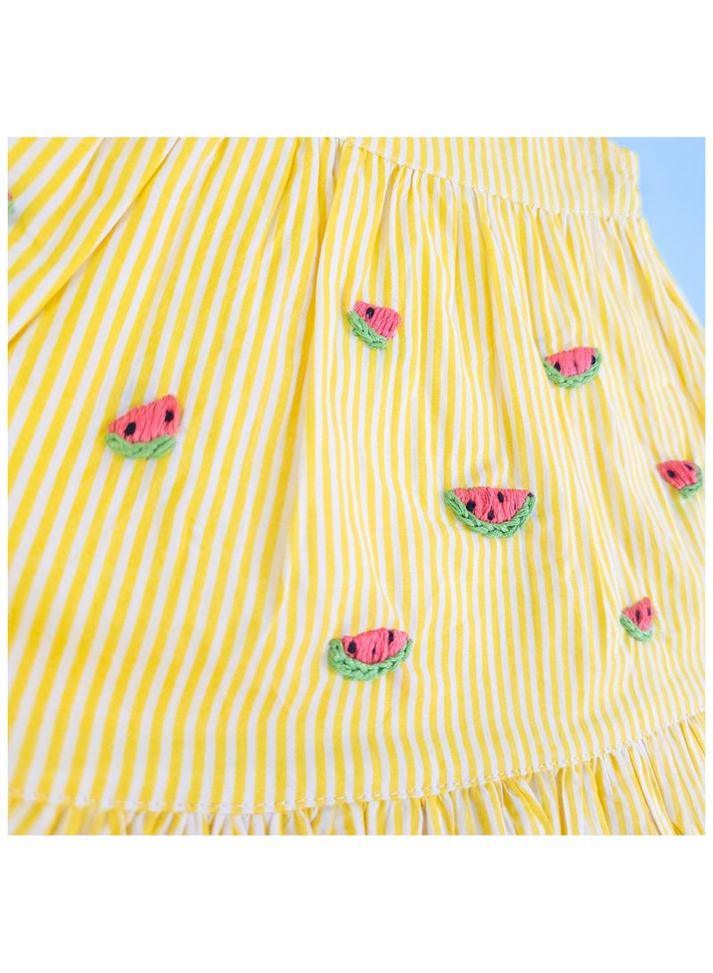 Keebee Organic Cotton Watermelon Embroidered Yellow Striped Girls Dress - Image 3