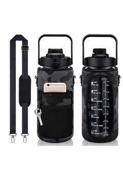Half Gallon Water Bottle with Sleeve & Strap 64 OZ Motivational Water Bottle with Straw & Time Marker to Drink Leakproof Tritan BPA Free Workout Gym Sport Water Jug, Sports Bottle
