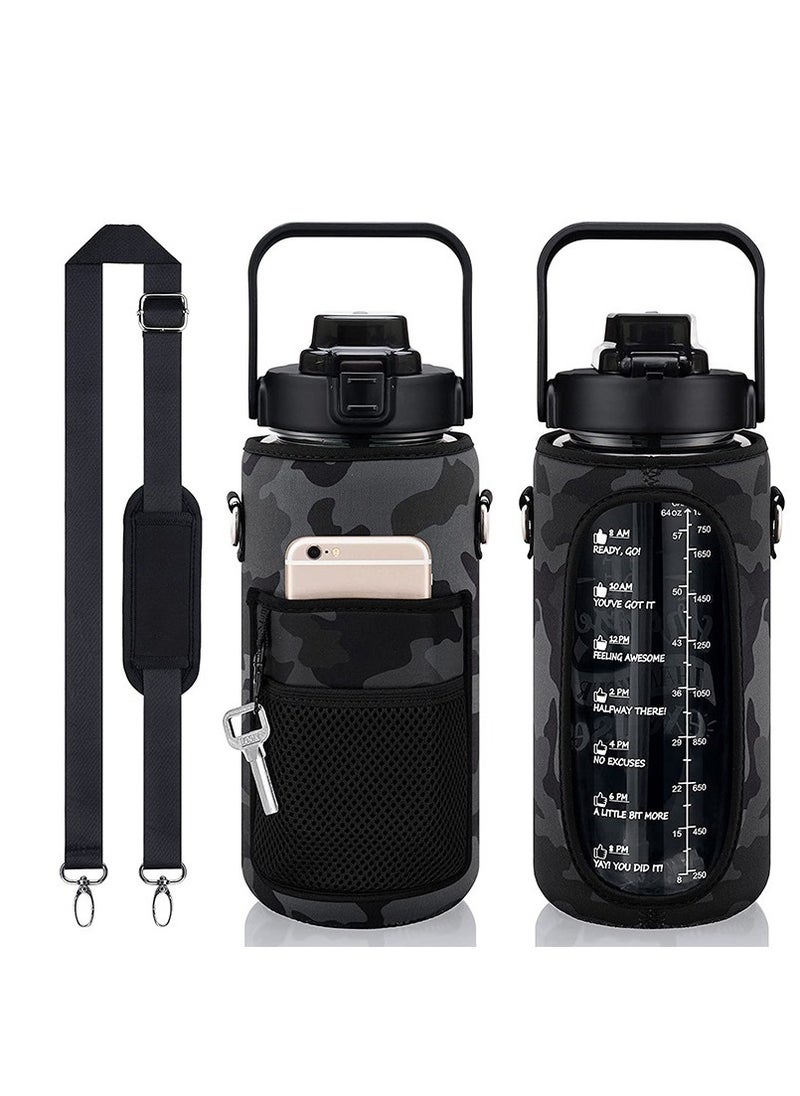 MIXDE - Half Gallon Water Bottle with Sleeve & Strap 64 OZ Motivational Water Bottle with Straw & Time Marker to Drink Leakproof Tritan BPA Free Workout Gym Sport Water Jug, Sports Bottle - Image 1
