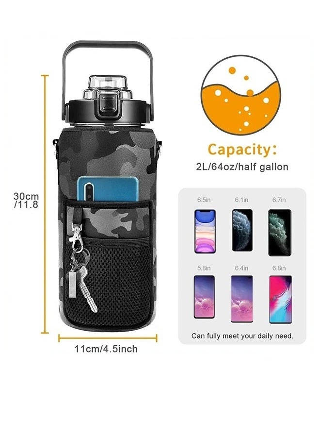 MIXDE - Half Gallon Water Bottle with Sleeve & Strap 64 OZ Motivational Water Bottle with Straw & Time Marker to Drink Leakproof Tritan BPA Free Workout Gym Sport Water Jug, Sports Bottle - Image 1