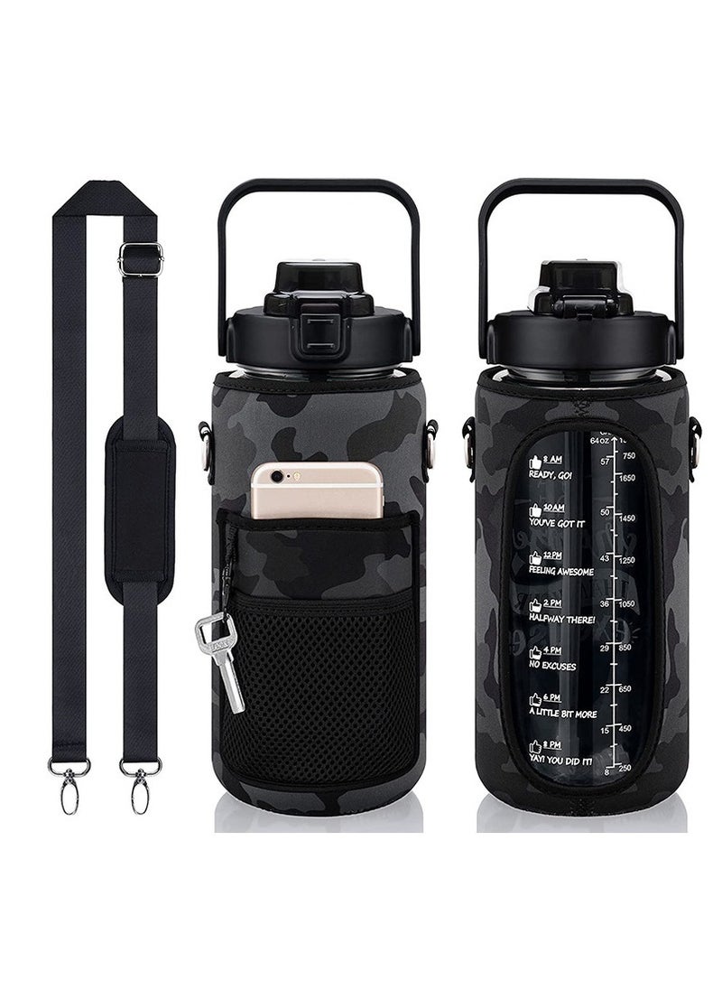 MIXDE - Half Gallon Water Bottle with Sleeve & Strap 64 OZ Motivational Water Bottle with Straw & Time Marker to Drink Leakproof Tritan BPA Free Workout Gym Sport Water Jug, Sports Bottle - Image 1