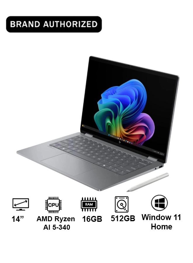 HP لابتوب OmniBook X Flip 2 في 1 القابل للتحويل (2025) – AMD Ryzen AI 5-340 / 14 بوصة / 512 جيجابايت SSD / 16 جيجابايت RAM / ويندوز 11 هوم / فضي – [14-FK0001NE] - Image 1