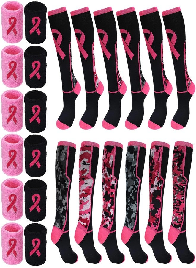 Suhine 12 Pairs Breast Cancer Awareness Socks Wristband Set 6 Pink Ribbon Thigh High Socks 6 Sweatband for Women Men Breast Cancer Awareness Pink out Day Football Softball Soccer Sport Accessories - Image 1