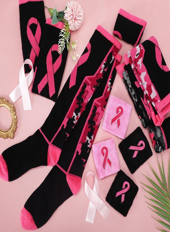 Suhine 12 Pairs Breast Cancer Awareness Socks Wristband Set 6 Pink Ribbon Thigh High Socks 6 Sweatband for Women Men Breast Cancer Awareness Pink out Day Football Softball Soccer Sport Accessories - Image 5