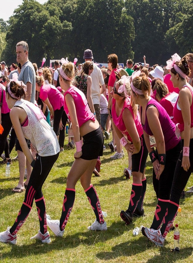 Suhine 12 Pairs Breast Cancer Awareness Socks Wristband Set 6 Pink Ribbon Thigh High Socks 6 Sweatband for Women Men Breast Cancer Awareness Pink out Day Football Softball Soccer Sport Accessories - Image 2