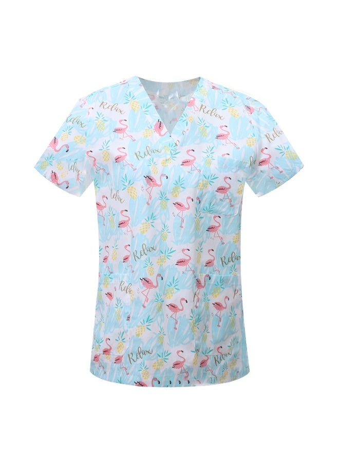 Loquat Womens Medical Scrubs Single Top Medical Uniform Single Printed Top Crane Print on Sky Blue Background - Image 1