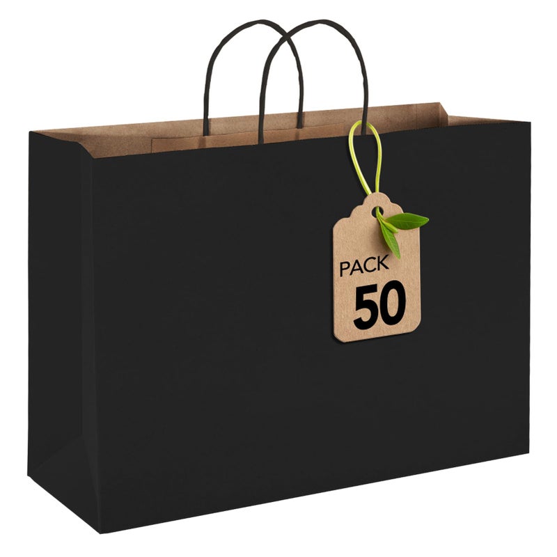 MESHA Large Gift Bags 16x6x12 Inch 50pcs Black Paper Bags With Handles BulkKraft Shopping Bags Reusable for Business Merchandise Retail Grocery Birthday Kids Party Favors