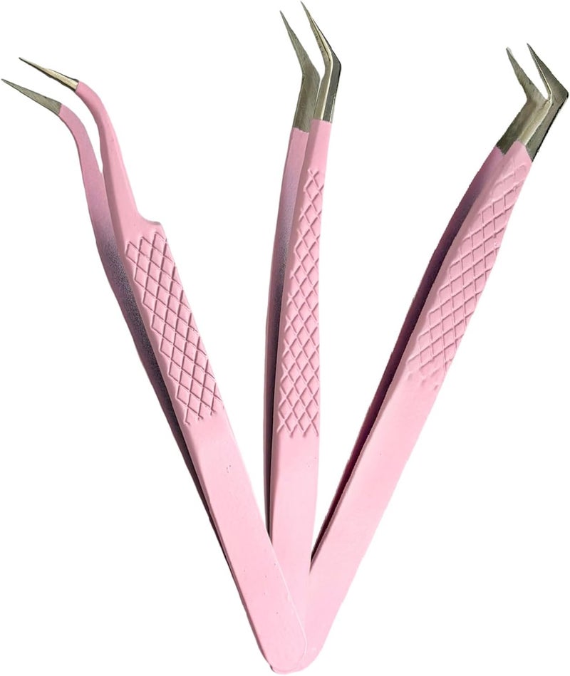 Luwigs مجموعة ملاقط تمديد الرموش 3 قطع من الفولاذ المقاوم للصدأ مع طرف ألياف لملاقط تمديد الرموش عالية الدقة مجموعة ملاقط احترافية للرموش الكثيفة باللون الوردي