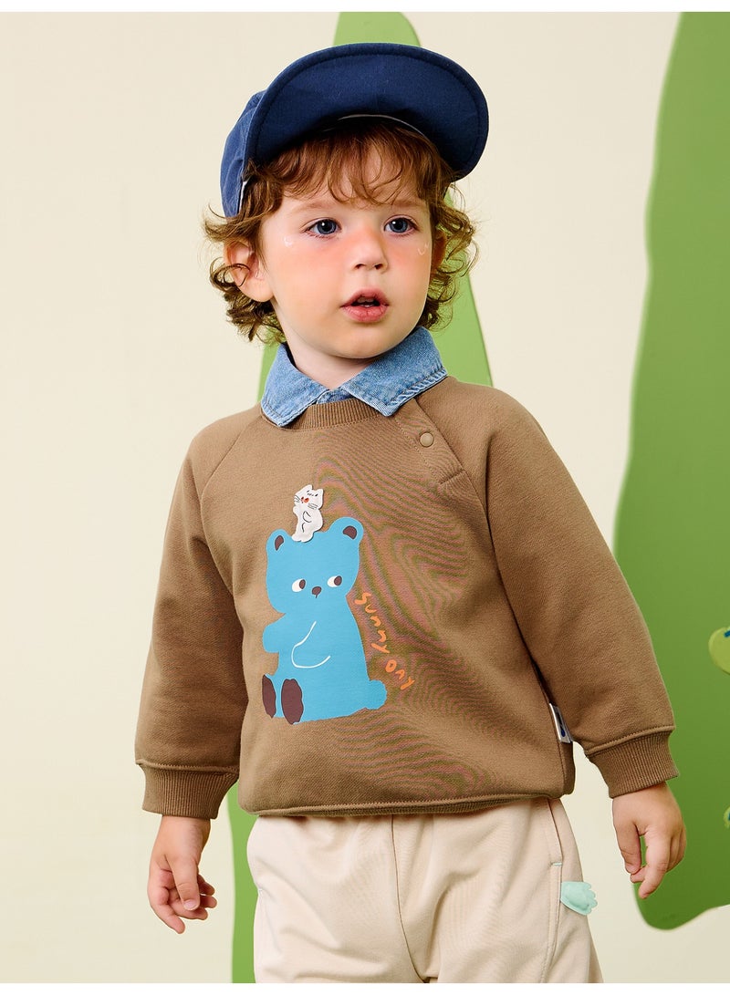 ميني بالا سويتشرت طفلك الأكمام الطويلة غير المنفصلة للاطفال الصغار، بطبعة دب وقط كرتوني، قطعة خليط قطن ناعمة، قطعة أطفال لطيفة ومريحة للارتداء اليومي - Image 2