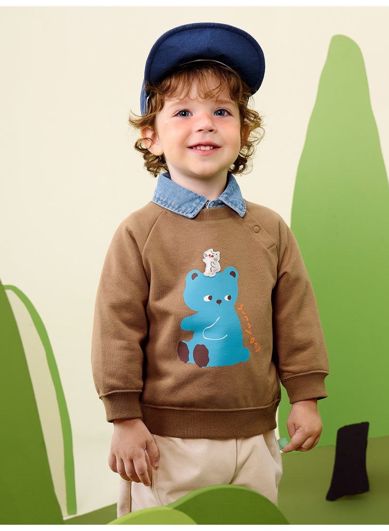 ميني بالا سويتشرت طفلك الأكمام الطويلة غير المنفصلة للاطفال الصغار، بطبعة دب وقط كرتوني، قطعة خليط قطن ناعمة، قطعة أطفال لطيفة ومريحة للارتداء اليومي - Image 1