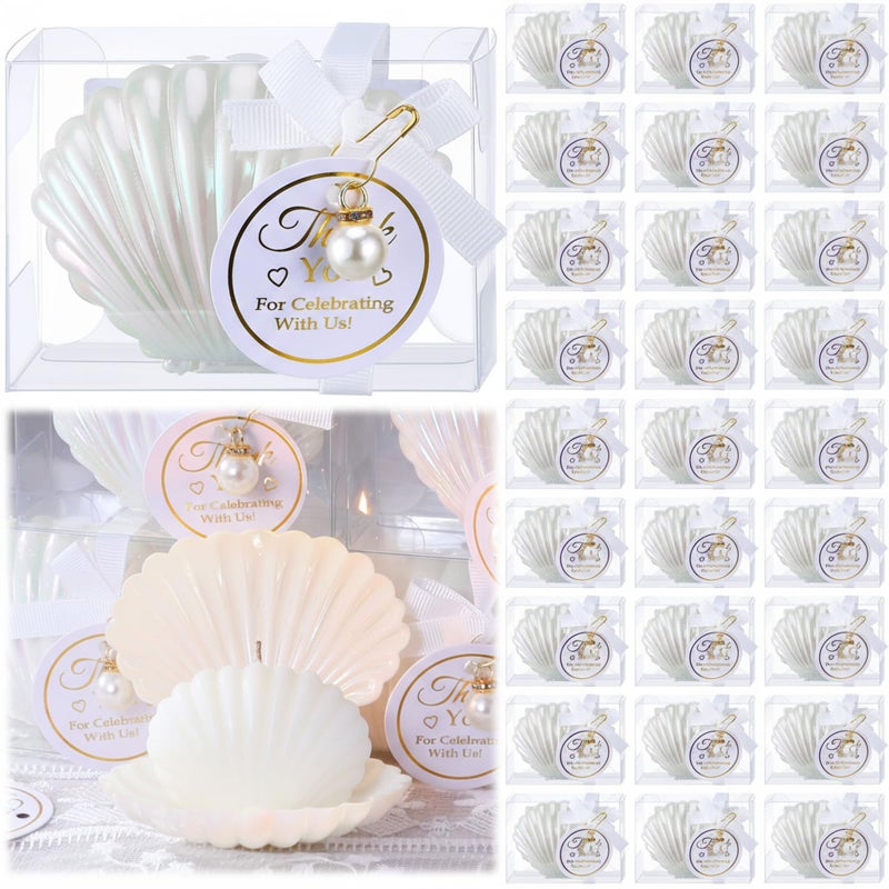 Conelist 30 Sets Seashell Candle Wedding Gift Favors Scented Candles with Clear Plastic Box, Pearl, Gift Tag, Ribbon Beach Wedding Party Favor Thank You Gifts for Guest Bridal Shower (White Ribbon) - Image 1