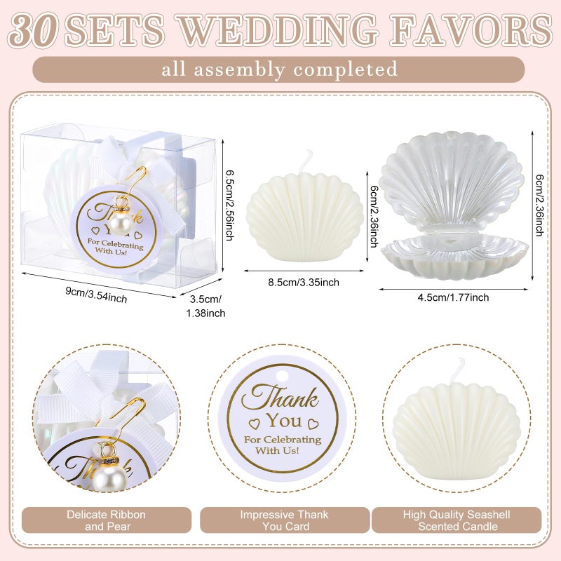 Conelist 30 Sets Seashell Candle Wedding Gift Favors Scented Candles with Clear Plastic Box, Pearl, Gift Tag, Ribbon Beach Wedding Party Favor Thank You Gifts for Guest Bridal Shower (White Ribbon) - Image 3