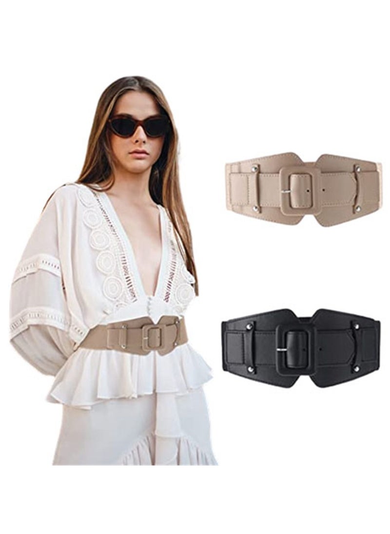 SYOSI Women's Elastic Vintage Belt, Stretchy Retro Wide Waist Cinch Belt, Corset Belt Retro Chunky Buckle Belts Fashion Wide Waist Belt Waistband for Dresses Coats (2 Pieces)  - Image 1