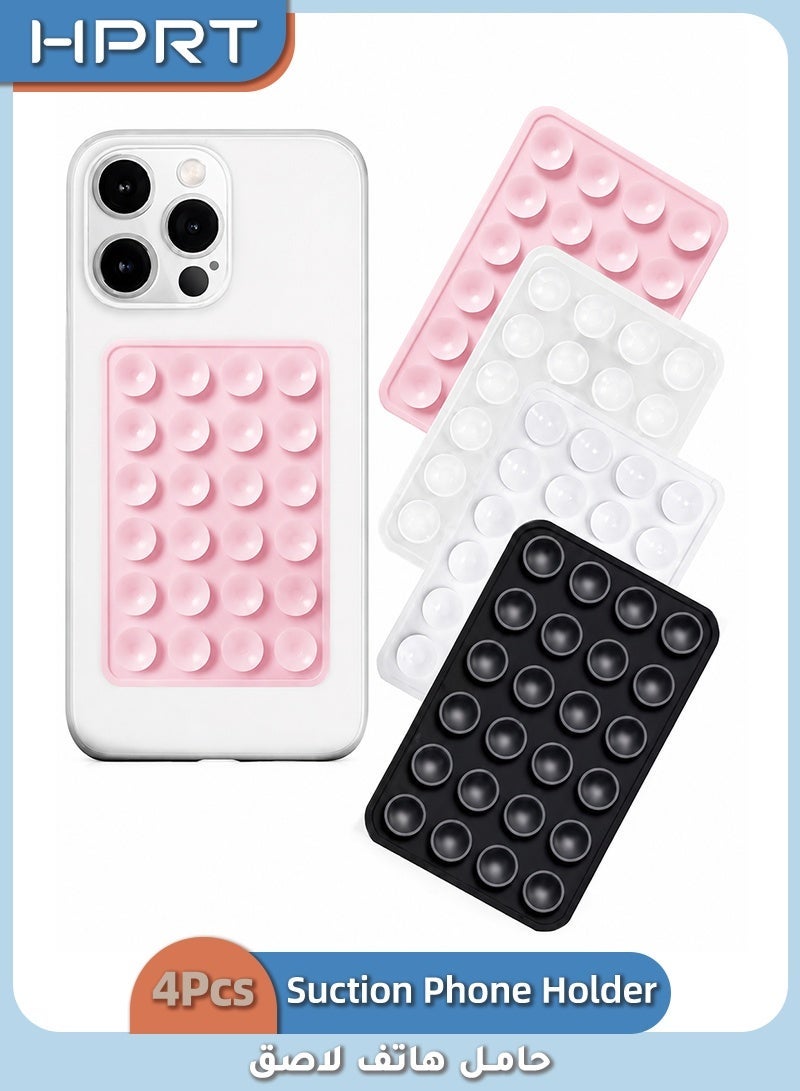 HPRT Silicone Suction Cup Phone Holder, 4Pcs Sticky Phone Grip with 24 Strong Suction Cups, Hands-Free Phone Stand for Smartphones, Reusable Phone Back Sticker for Mirror, Tile & Smooth Surfaces (Pink, White, Black, Clear) - Image 1