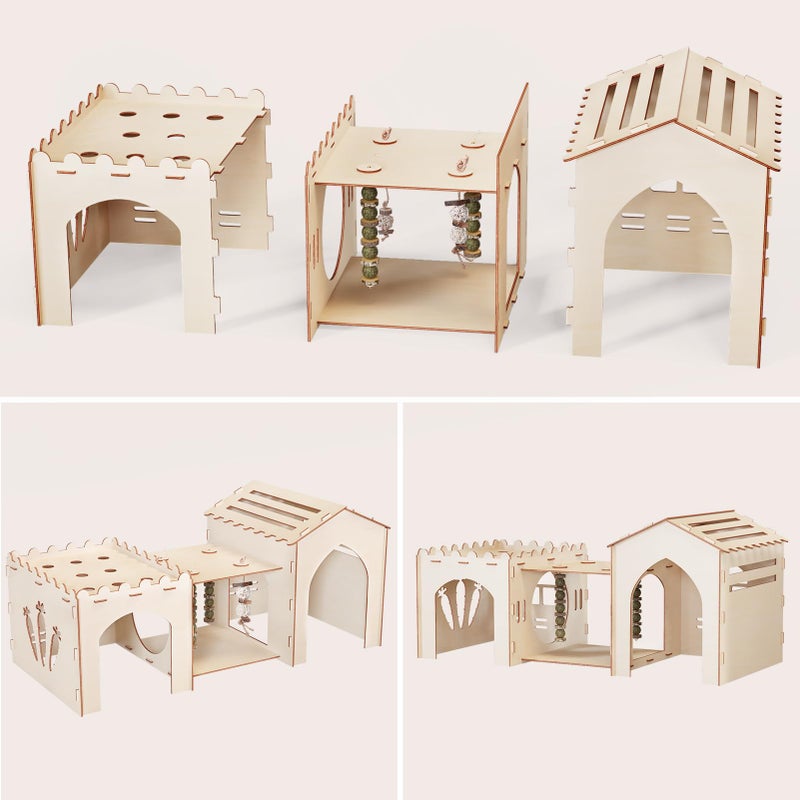 Woiworco Extra Large Rabbit Castle Hideout Bunny House for Easter Day with 3 Houses and Toys, Wooden Bunny Hideout Indoor Large Rabbit Hutch Play Houses and Hideouts Nut Castle Hamsters - Image 3