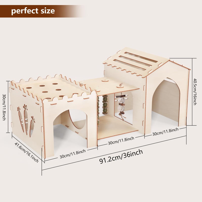 Woiworco Extra Large Rabbit Castle Hideout Bunny House for Easter Day with 3 Houses and Toys, Wooden Bunny Hideout Indoor Large Rabbit Hutch Play Houses and Hideouts Nut Castle Hamsters - Image 2