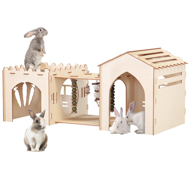 Woiworco Extra Large Rabbit Castle Hideout Bunny House for Easter Day with 3 Houses and Toys, Wooden Bunny Hideout Indoor Large Rabbit Hutch Play Houses and Hideouts Nut Castle Hamsters - Image 1