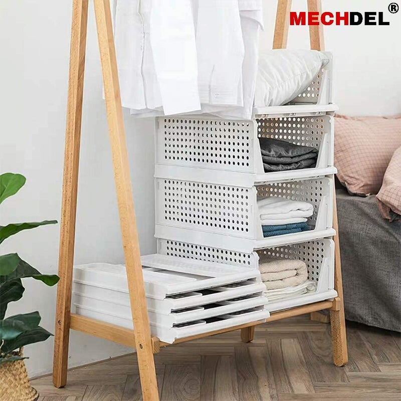 mechdel Plastic Foldable And Stackable Closet Organizer Drawer 5 Tiers Clothes Storage Rack Almirah Space Organizer For Cupboard White White 4Pcs - Image 4