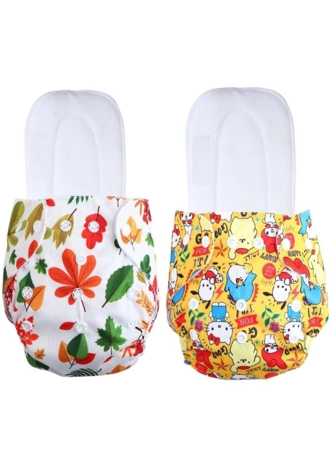 Miracle Moms Cotton Cloth Printed Diaper with 5 Layer Dry Feel White Inserts/Washable, Reusable and Adjustable Diaper for Newborn Baby & Toddlers (Pack of 2) (White & Yellow Printed, One Size) - Image 1