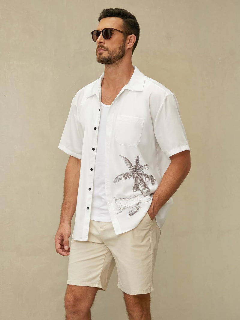 Hardaddy Men's Hawaiian Shirt Short Sleeves Coconut Printed Button Down Summer Beach Casual Shirts White L - Image 2